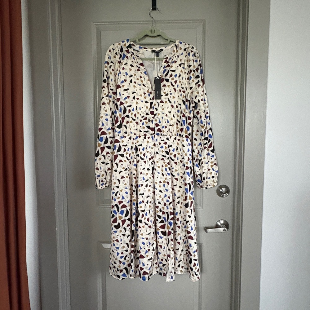 Esprit Geometric Confetti Print V-Neck Midi Dress Multi-Color Size 12 NEW